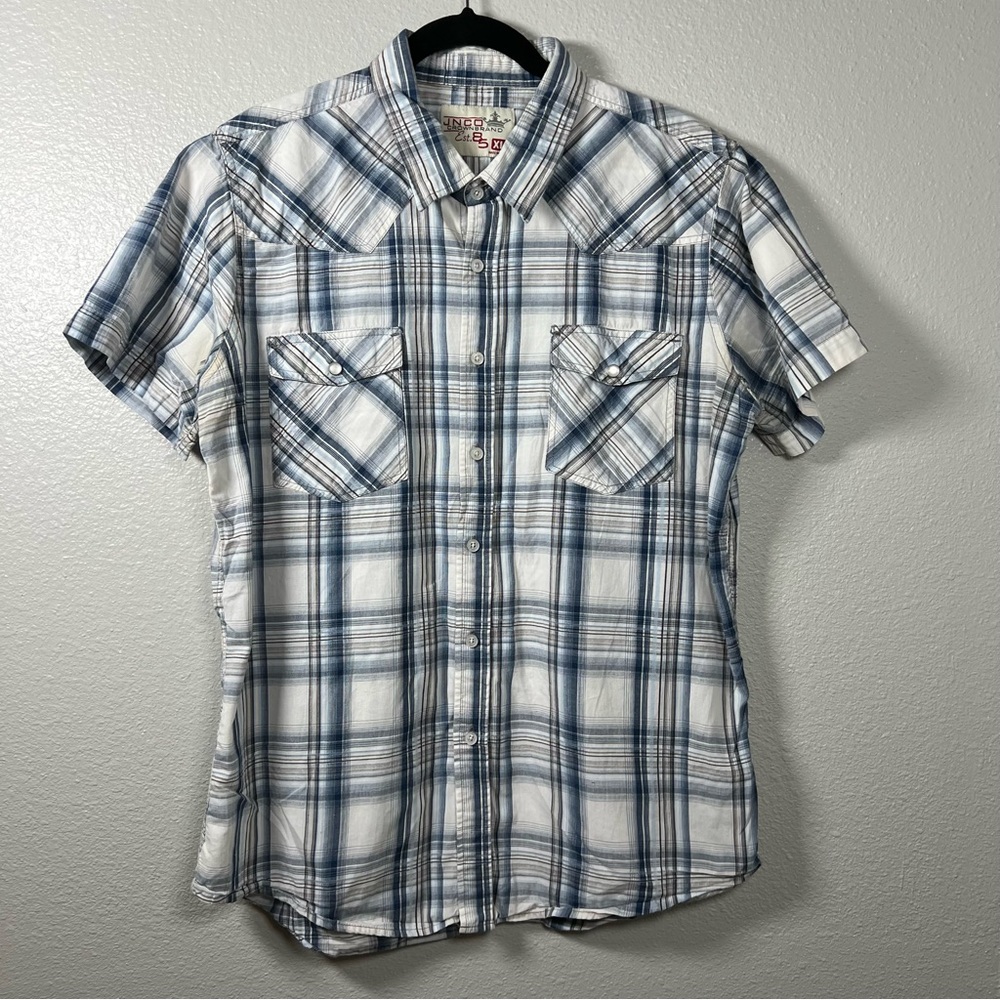 JNCO Crownbrand Blue Plaid Men’s XL Short Sleeve Cotton Shirt Snap‎ Pockets